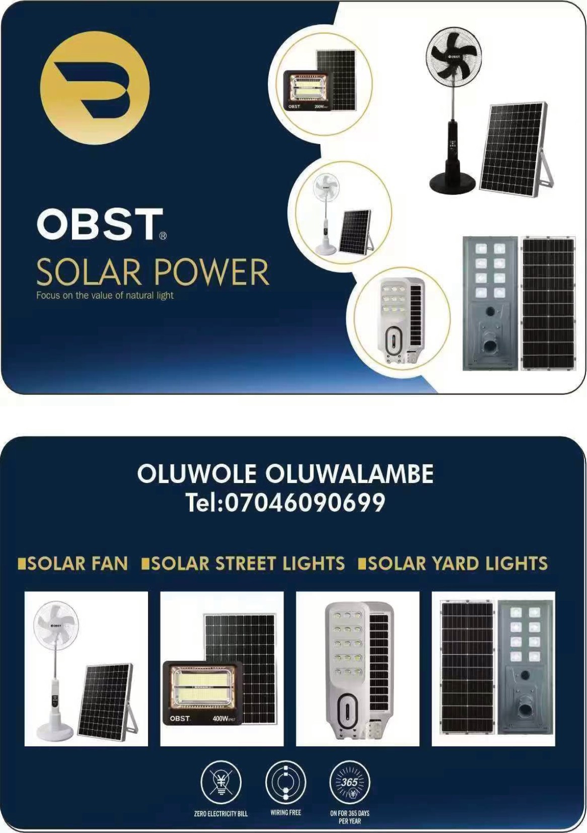 Nigeria International Lighting Expo 2026 — page 19: OBST Solar Power — Solar Fans, Solar Street Lights & Yard Lights