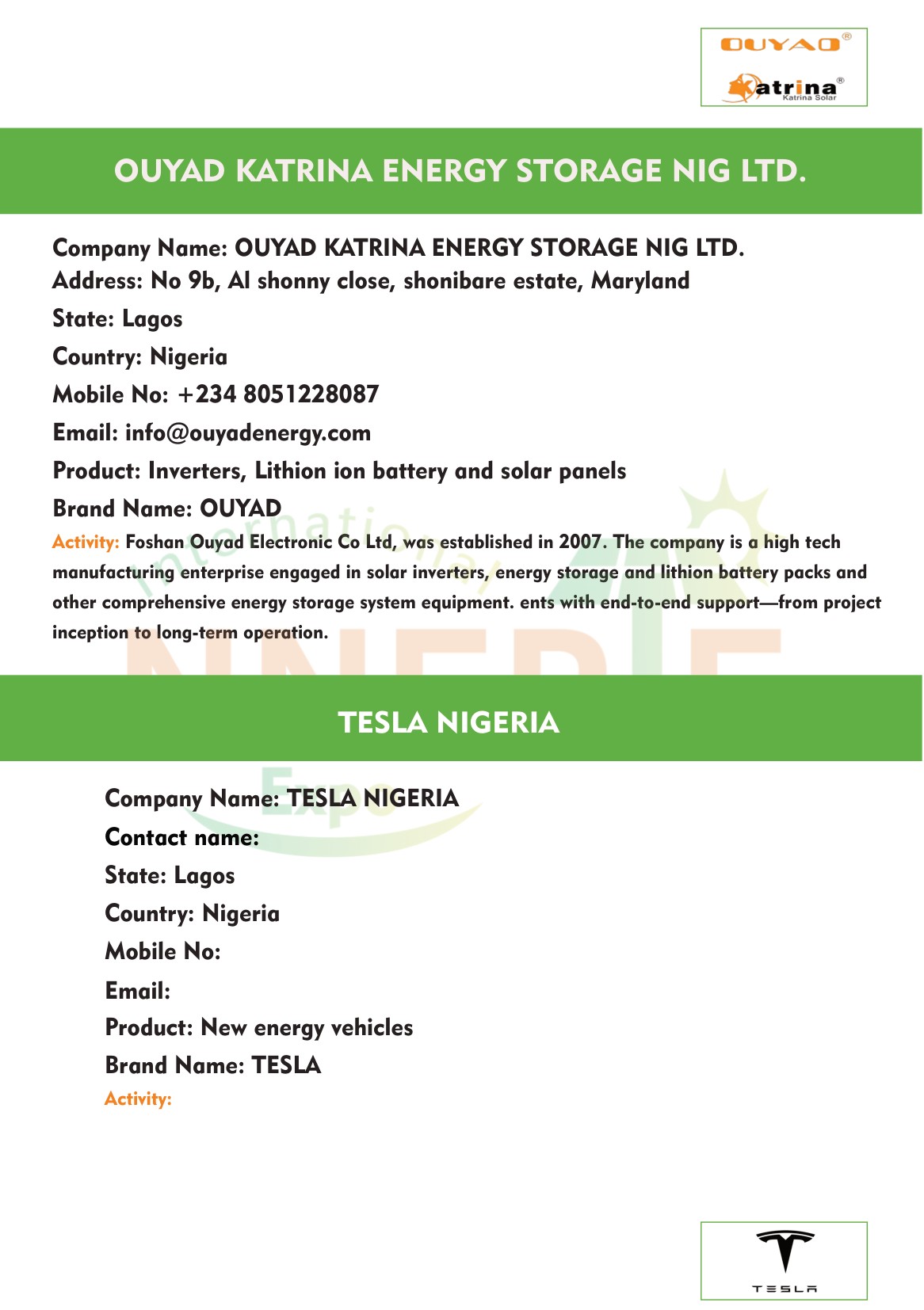 Nigeria International Lighting Expo 2026 — page 41: Exhibitor Directory — OUYAD KATRINA ENERGY STORAGE NIG LTD., TESLA NIGERIA