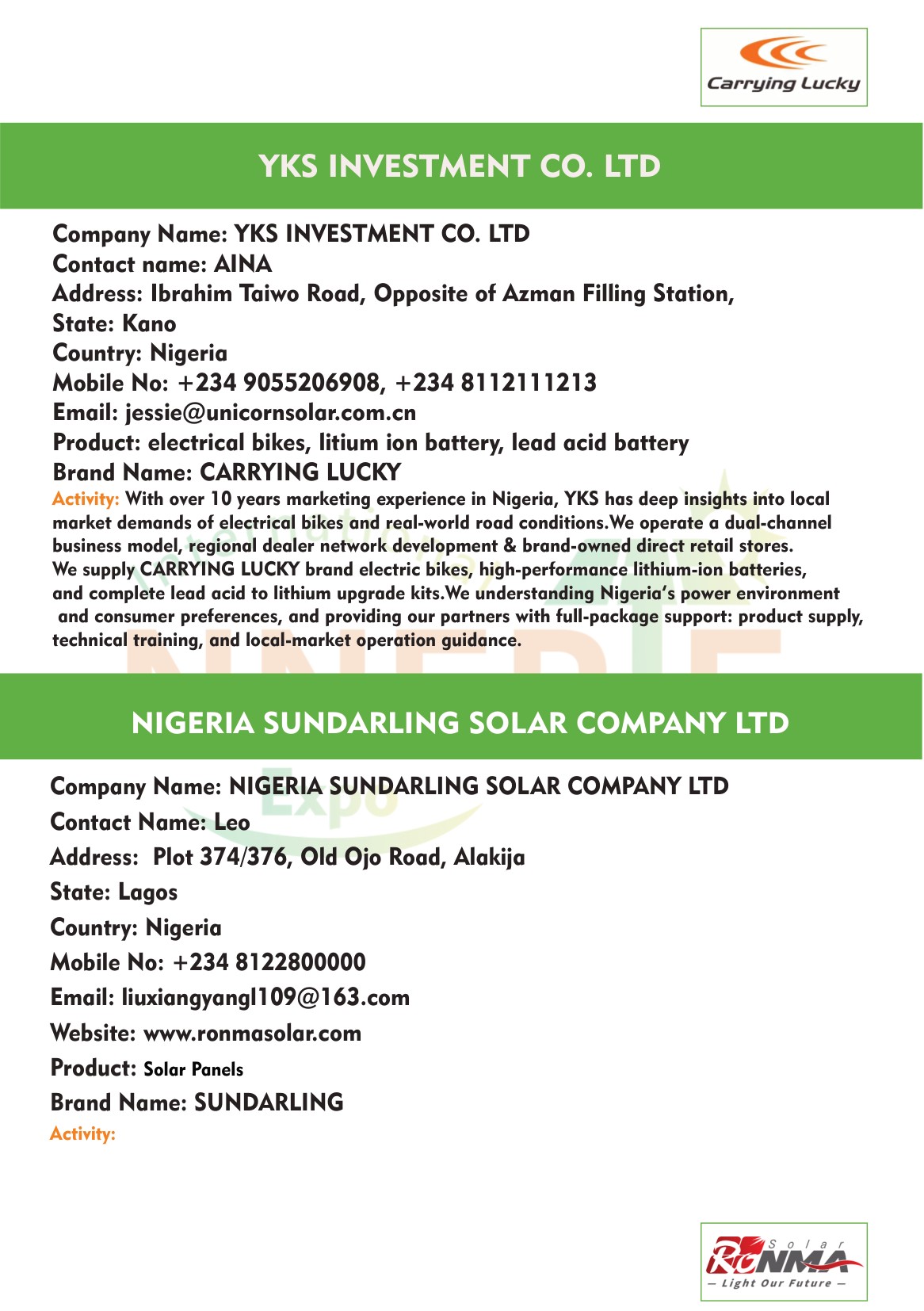Nigeria International Lighting Expo 2026 — page 44: Exhibitor Directory — YKS INVESTMENT CO. LTD, NIGERIA SUNDARLING SOLAR COMPANY LTD