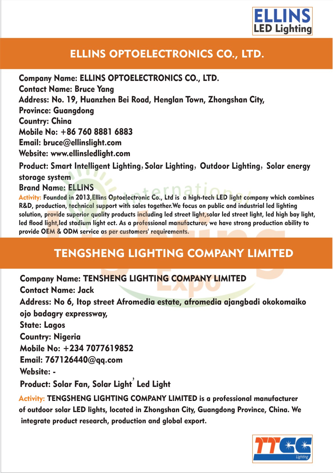 Nigeria International Lighting Expo 2026 — page 52: Exhibitor Directory — ELLINS OPTOELECTRONICS CO., LTD., TENSHENG LIGHTING COMPANY LIMITED
