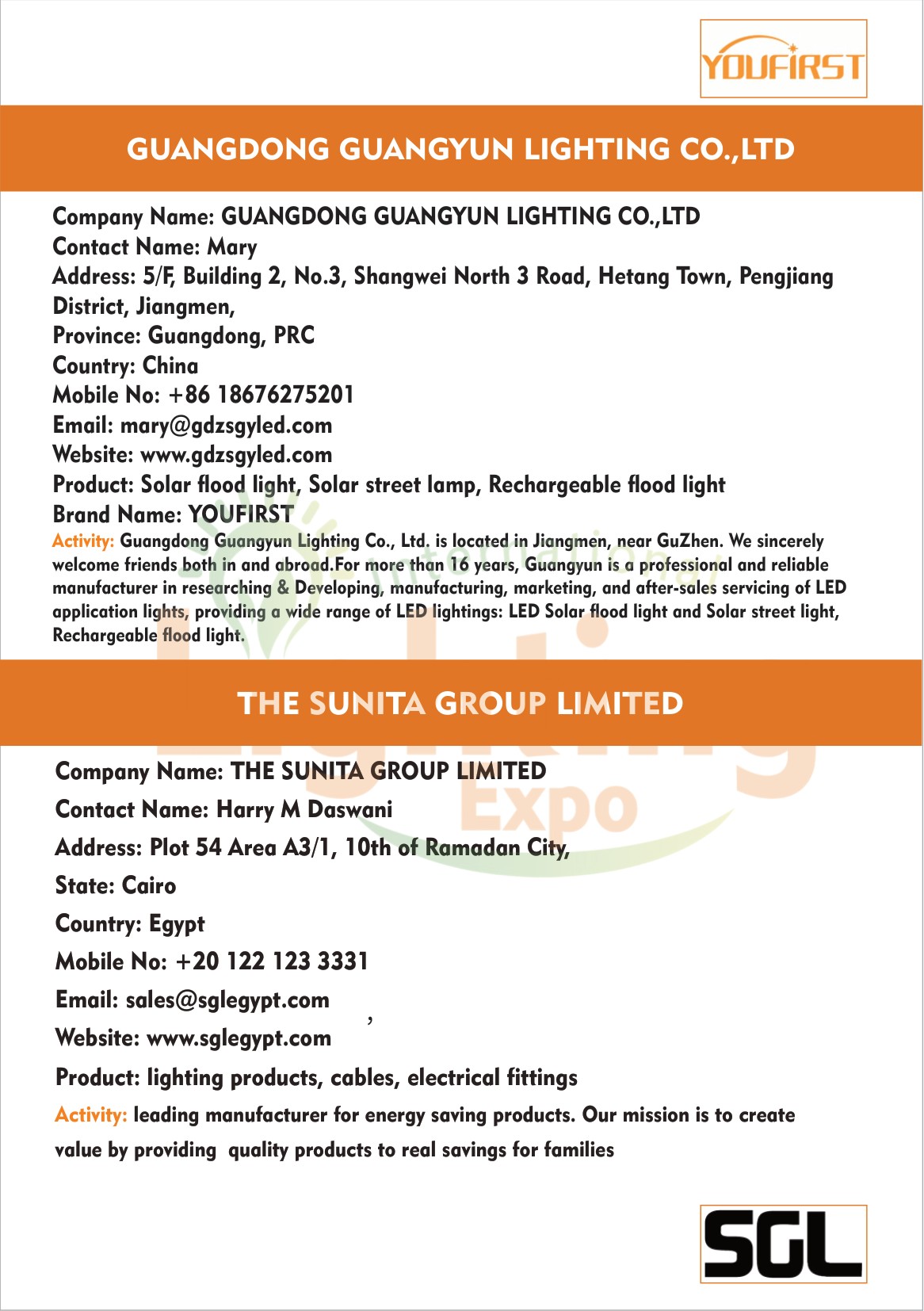Nigeria International Lighting Expo 2026 — page 53: Exhibitor Directory — GUANGDONG GUANGYUN LIGHTING CO.,LTD, THE SUNITA GROUP LIMITED