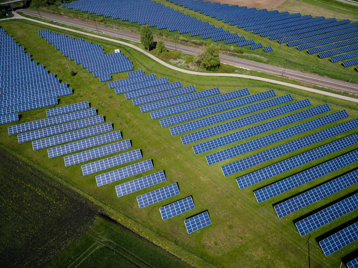 Solar photovoltaic panels on a modern commercial rooftop